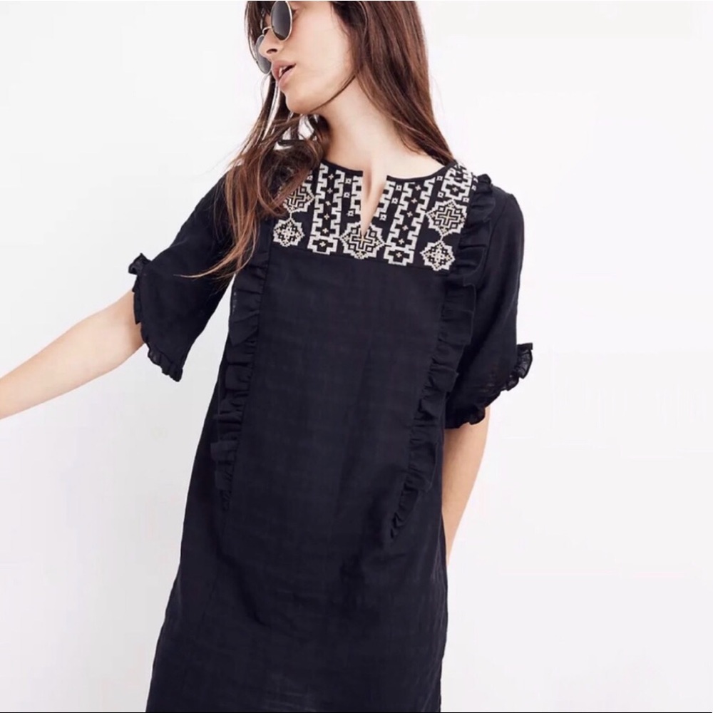 New MADEWELL Embroidered Cassia Dress Black Swimsuit Cover Ruffle Black Pink